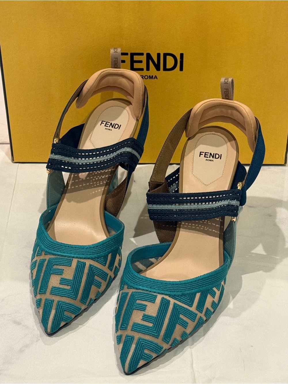 Fendi Colobri Teal and Beige Embroidered Pointed-Toe Slingback Heels, 39.5